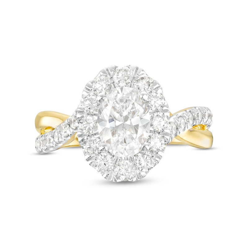 Main Image 4 of 2 CT. T.W. Certified Oval Lab-Grown Diamond Frame Twist Shank Engagement Ring in 14K Gold (F/VS2)