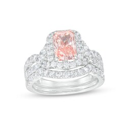 3 CT. T.W. Certified Radiant-Cut Pink Lab-Created Diamond Frame Twist Shank Bridal Set in 14K White Gold