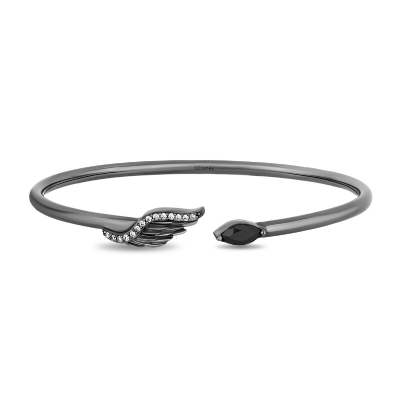 Main Image 1 of Enchanted Disney Villains Maleficent Marquise Onyx and 1/8 CT. T.W. Diamond Wing Open Bangle in Sterling Silver