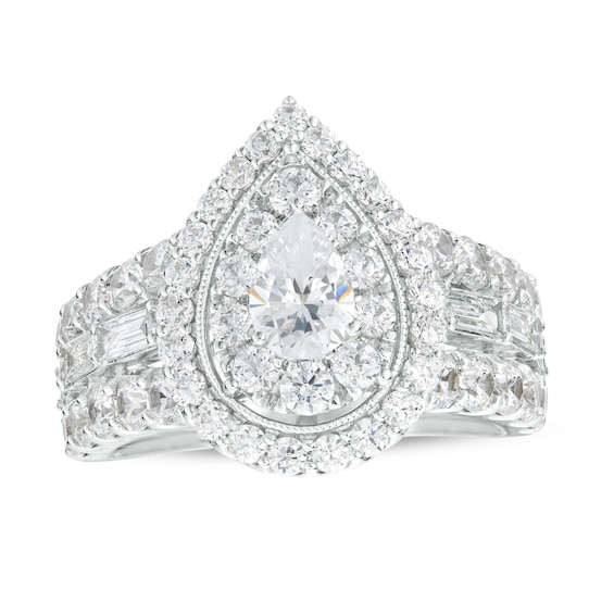 3 CT. T.w. Certified Pear-Shaped Lab-Grown Diamond Double Frame Engagement Ring in 14K White Gold (F/Vs2)