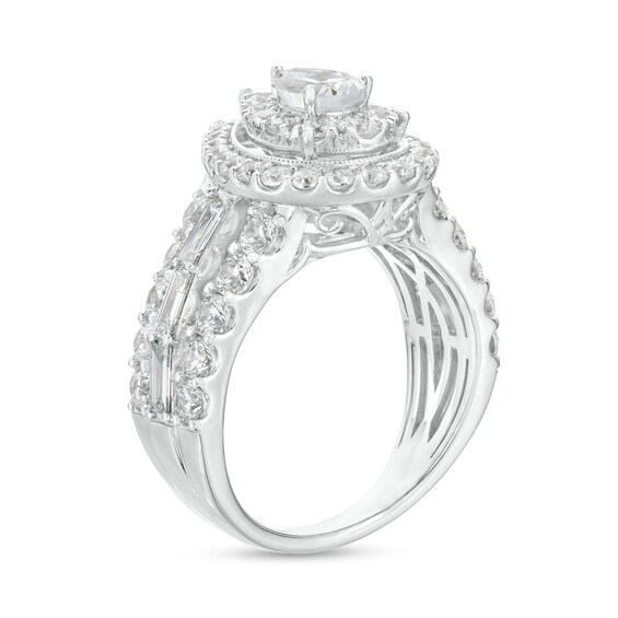 3 CT. T.w. Certified Pear-Shaped Lab-Grown Diamond Double Frame Engagement Ring in 14K White Gold (F/Vs2)