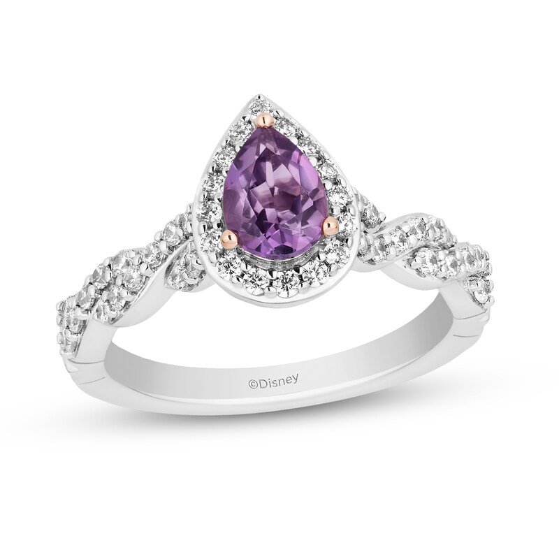 Main Image 1 of Enchanted Disney Rapunzel Pear-Shaped Pink Quartz and 1/2 CT. T.W. Diamond Frame Engagement Ring in 14K Two-Tone Gold
