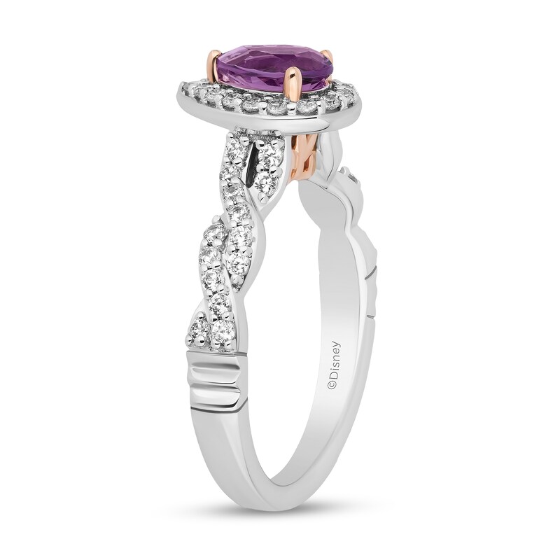 Main Image 2 of Enchanted Disney Rapunzel Pear-Shaped Pink Quartz and 1/2 CT. T.W. Diamond Frame Engagement Ring in 14K Two-Tone Gold