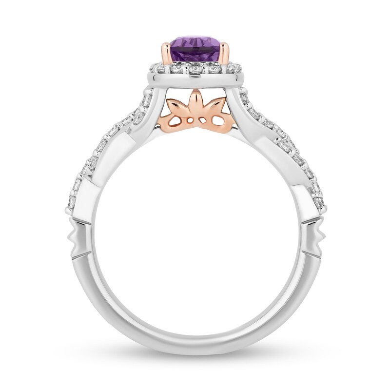 Main Image 3 of Enchanted Disney Rapunzel Pear-Shaped Pink Quartz and 1/2 CT. T.W. Diamond Frame Engagement Ring in 14K Two-Tone Gold