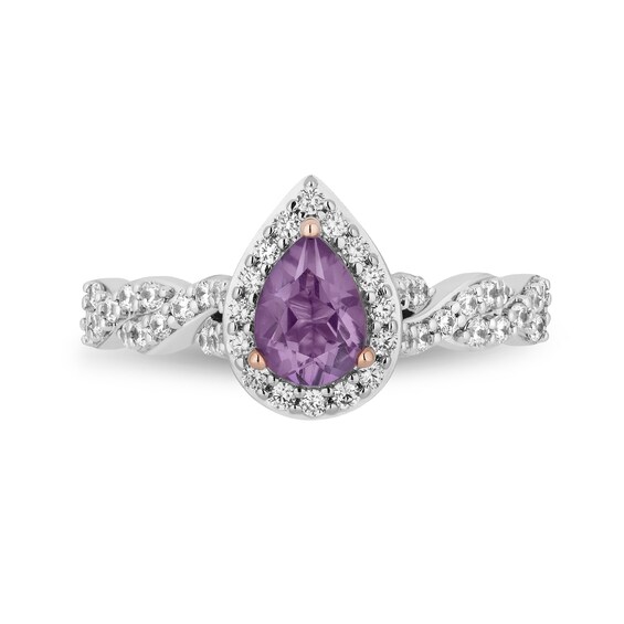 Enchanted Disney Rapunzel Pear-Shaped Pink Quartz and 1/2 CT. T.w. Diamond Frame Engagement Ring in 14K Two-Tone Gold