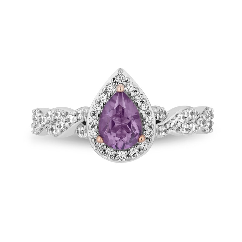 Main Image 4 of Enchanted Disney Rapunzel Pear-Shaped Pink Quartz and 1/2 CT. T.W. Diamond Frame Engagement Ring in 14K Two-Tone Gold