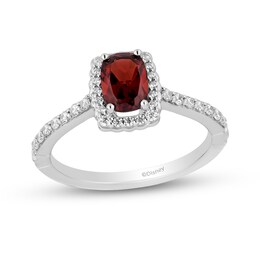 Enchanted Disney Snow White Cushion-Cut Garnet and 1/3 CT. T.W. Diamond Frame Engagement Ring in 14K Two-Tone Gold