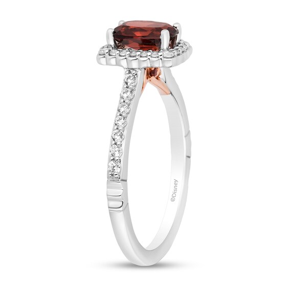 Enchanted Disney Snow White Cushion-Cut Garnet and 1/3 CT. T.w. Diamond Frame Engagement Ring in 14K Two-Tone Gold
