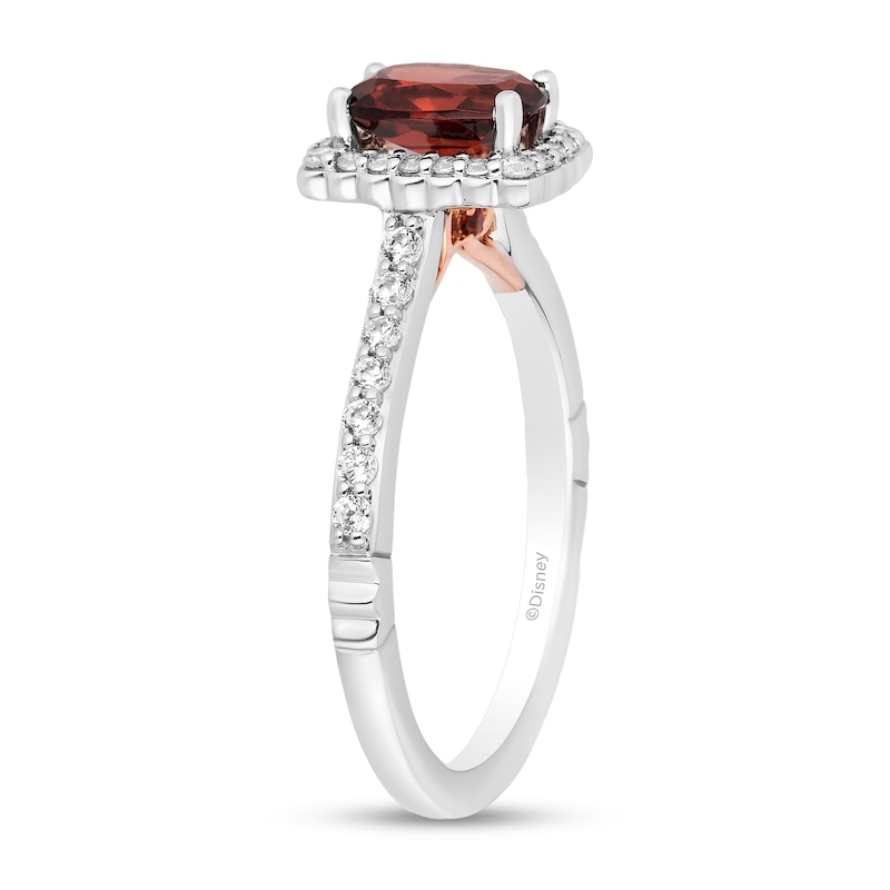 Enchanted Disney Snow White Cushion-Cut Garnet and 1/3 CT. T.W. Diamond Frame Engagement Ring in 14K Two-Tone Gold