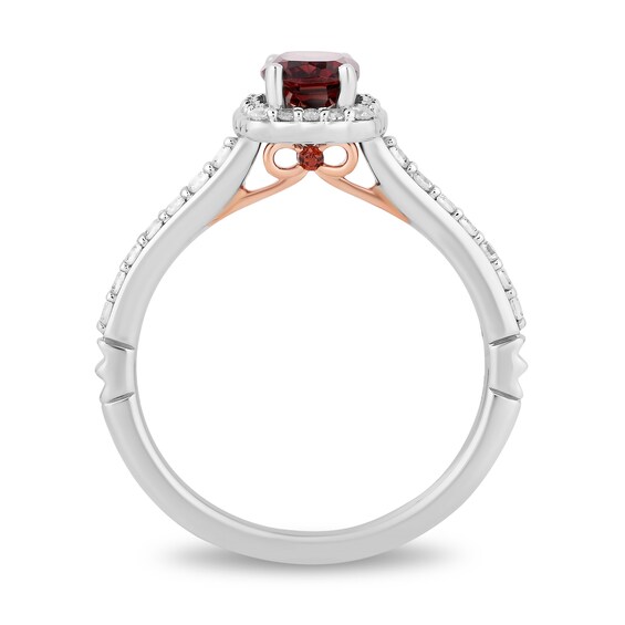 Enchanted Disney Snow White Cushion-Cut Garnet and 1/3 CT. T.w. Diamond Frame Engagement Ring in 14K Two-Tone Gold