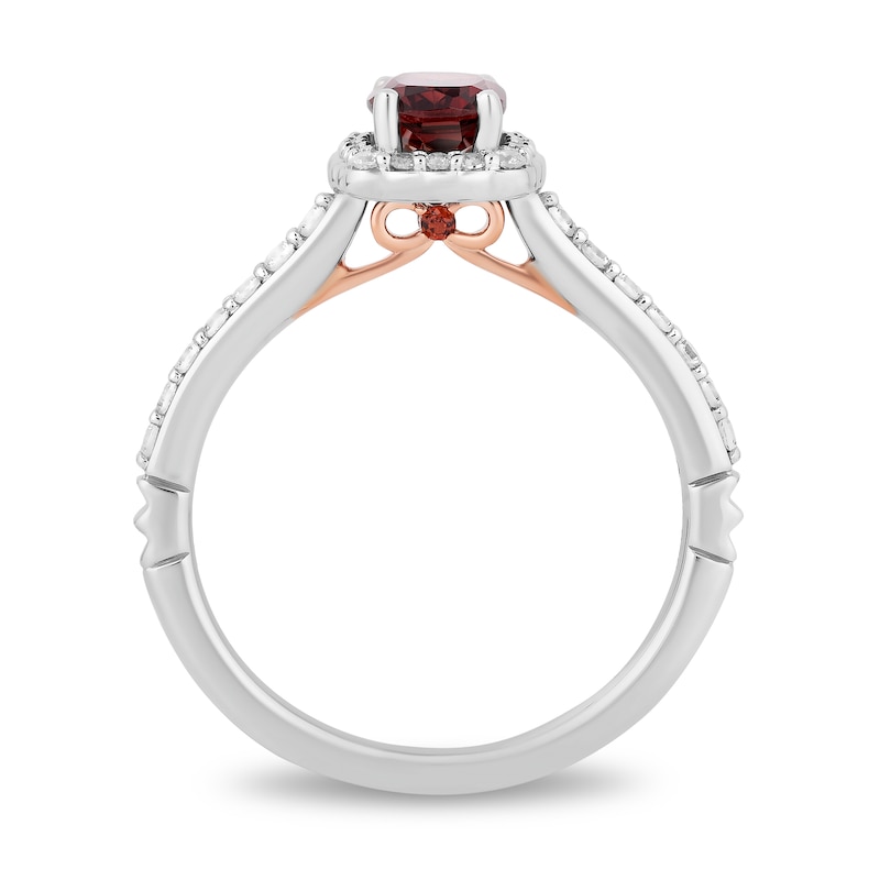 Enchanted Disney Snow White Cushion-Cut Garnet and 1/3 CT. T.W. Diamond Frame Engagement Ring in 14K Two-Tone Gold