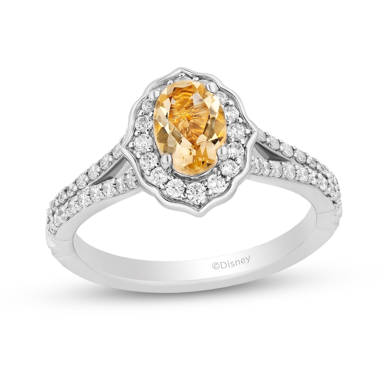 Main Image 1 of Enchanted Disney Belle Oval Citrine and 1/2 CT. T.W. Diamond Frame Split Shank Engagement Ring in 14K Two-Tone Gold