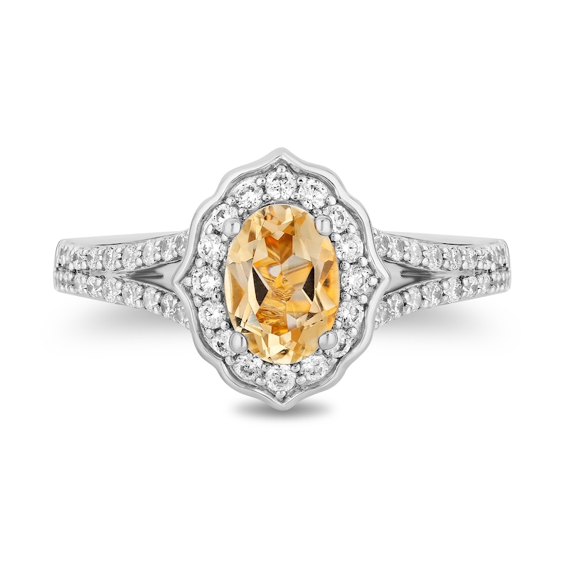 Main Image 4 of Enchanted Disney Belle Oval Citrine and 1/2 CT. T.W. Diamond Frame Split Shank Engagement Ring in 14K Two-Tone Gold