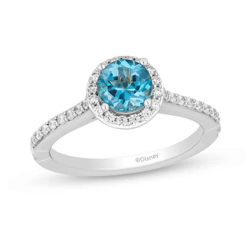 Main Image 1 of Enchanted Disney Jasmine 6.0mm Swiss Blue Topaz and 1/3 CT. T.W. Diamond Frame Engagement Ring in 14K White Gold