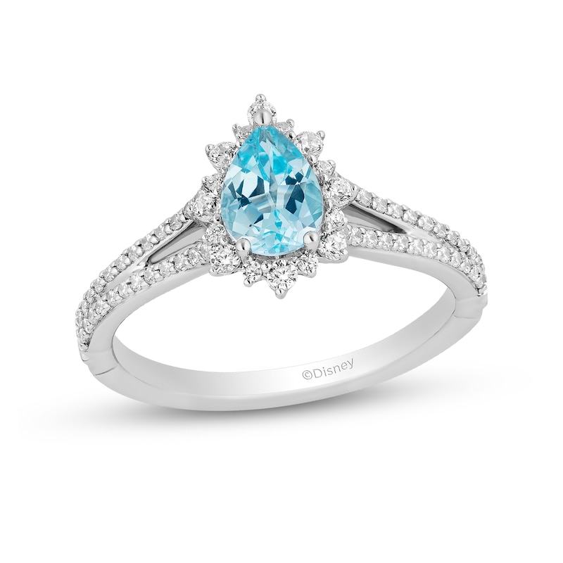 Main Image 1 of Enchanted Disney Elsa Pear-Shaped Sky Blue Topaz and 3/8 CT. T.W. Diamond Frame Engagement Ring in 14K White Gold