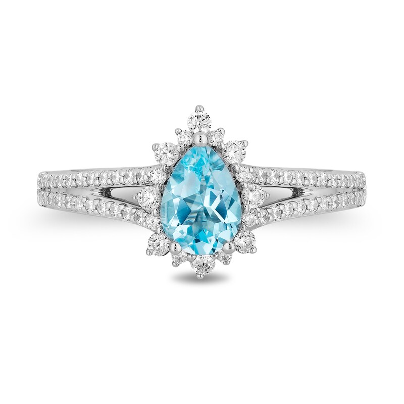 Main Image 4 of Enchanted Disney Elsa Pear-Shaped Sky Blue Topaz and 3/8 CT. T.W. Diamond Frame Engagement Ring in 14K White Gold