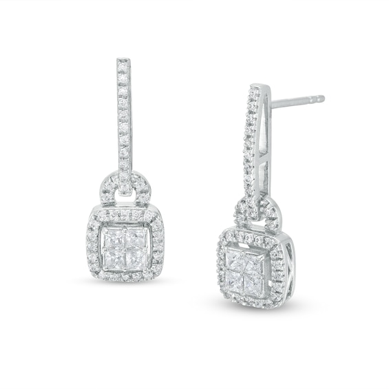 1/2 CT. T.w. Quad Princess-Cut Diamond Cushion-Shaped Frame Drop Earrings in 10K White Gold