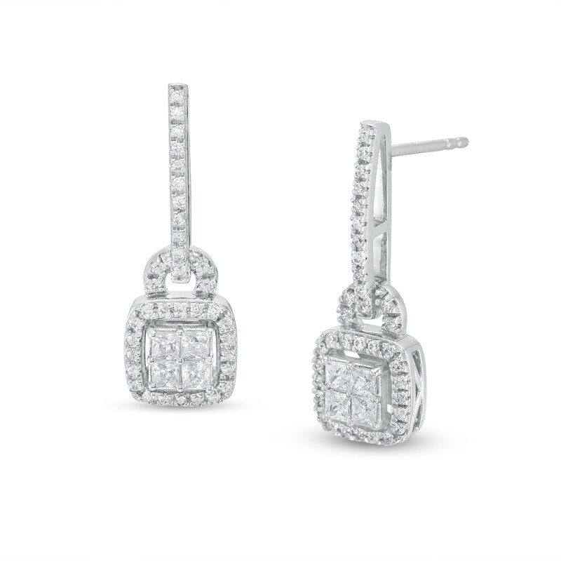 Main Image 1 of 1/2 CT. T.W. Quad Princess-Cut Diamond Cushion-Shaped Frame Drop Earrings in 10K White Gold