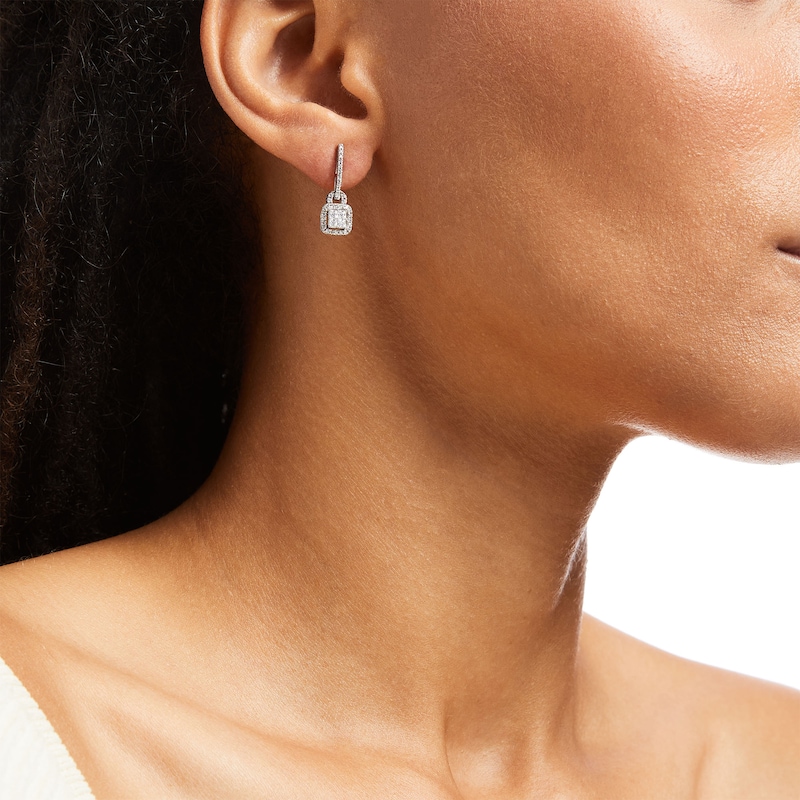 Main Image 2 of 1/2 CT. T.W. Quad Princess-Cut Diamond Cushion-Shaped Frame Drop Earrings in 10K White Gold