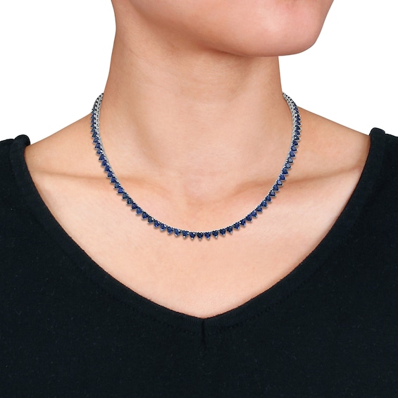 4.0mm Heart-Shaped Blue Lab-Created Sapphire Tennis Necklace in Sterling Silver
