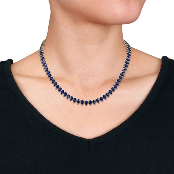 Pear-Shaped Blue Lab-Created Sapphire Tennis Necklace in Sterling Silver