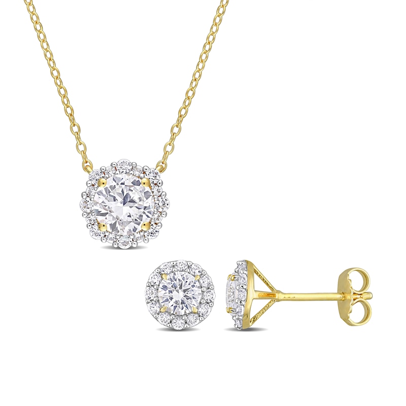 Main Image 1 of White Lab-Created Sapphire Frame Necklace and Stud Earrings Set in Sterling Silver with Yellow Rhodium