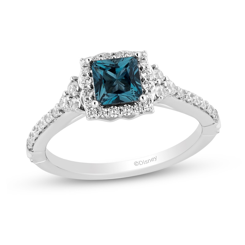 Main Image 1 of Enchanted Disney Cinderella Princess-Cut London Blue Topaz and 3/8 CT. T.W. Diamond Engagement Ring in 14K White Gold
