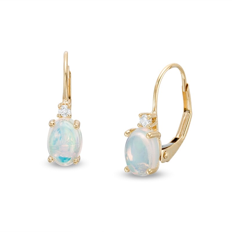 Oval Opal and 1/20 CT. T.W. Diamond Drop Earrings in 10K Gold