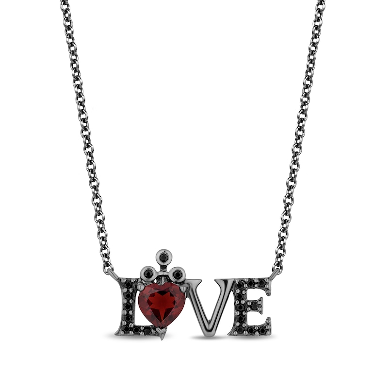 Main Image 1 of Enchanted Disney 6.0mm Heart-Shaped Garnet and 1/6 CT. T.W. Black Diamond "LOVE" Necklace in Sterling Silver
