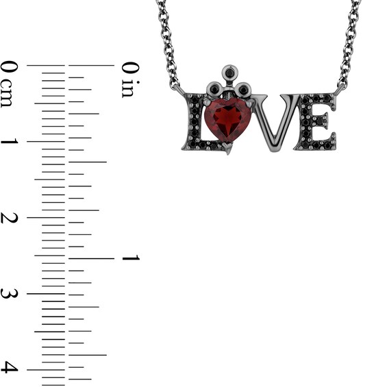 Enchanted Disney 6.0mm Heart-Shaped Garnet and 1/6 CT. T.w. Black Diamond "Love" Necklace in Sterling Silver