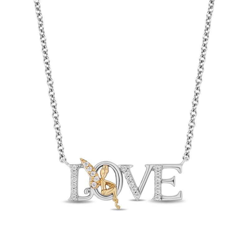 Main Image 1 of Enchanted Disney Tinker Bell 1/10 CT. T.W. Diamond "LOVE" Necklace in Sterling Silver and 10K Gold