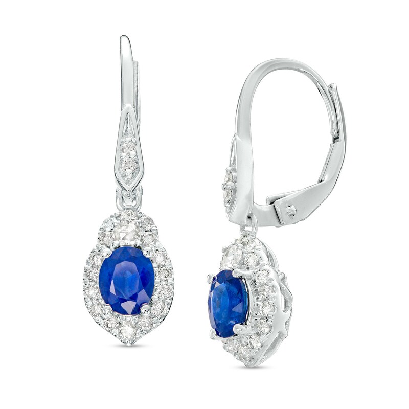 Main Image 1 of Oval Blue Sapphire and 1/3 CT. T.W. Diamond Frame Drop Earrings in 10K White Gold