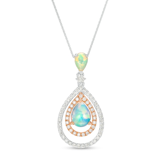 Pear-Shaped Opal and 3/8 CT. T.w. Diamond Double Open Frame Pendant in 10K Two-Tone Gold