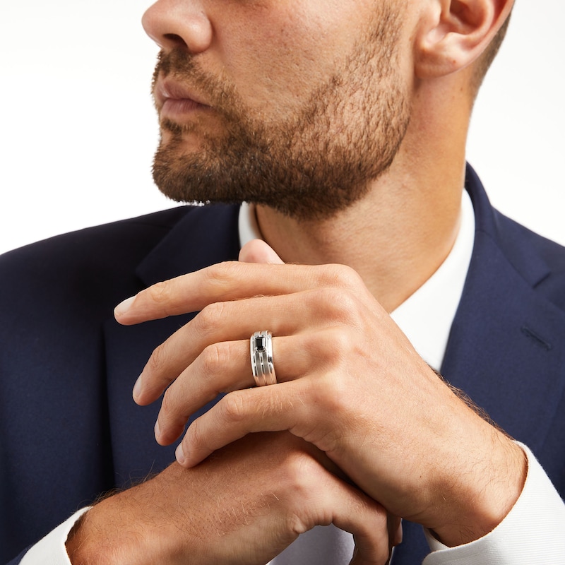 Main Image 2 of Vera Wang Men's 3/4 CT. Emerald-Cut Black Diamond Solitaire Wedding Band in 14K White Gold