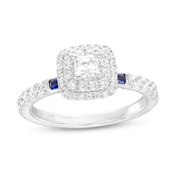 Vera Wang Love Collection 3/4 CT. T.W. Asscher-Cut Diamond and Blue Sapphire Frame Engagement Ring in 14K White Gold