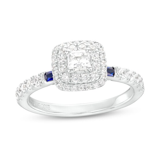 Vera Wang Love Collection 3/4 CT. T.w. Asscher-Cut Diamond and Blue Sapphire Frame Engagement Ring in 14K White Gold