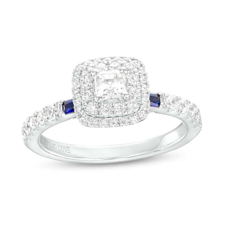Main Image 1 of Vera Wang Love Collection 3/4 CT. T.W. Asscher-Cut Diamond and Blue Sapphire Frame Engagement Ring in 14K White Gold