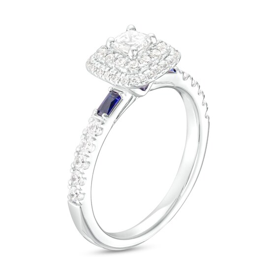 Vera Wang Love Collection 3/4 CT. T.w. Asscher-Cut Diamond and Blue Sapphire Frame Engagement Ring in 14K White Gold