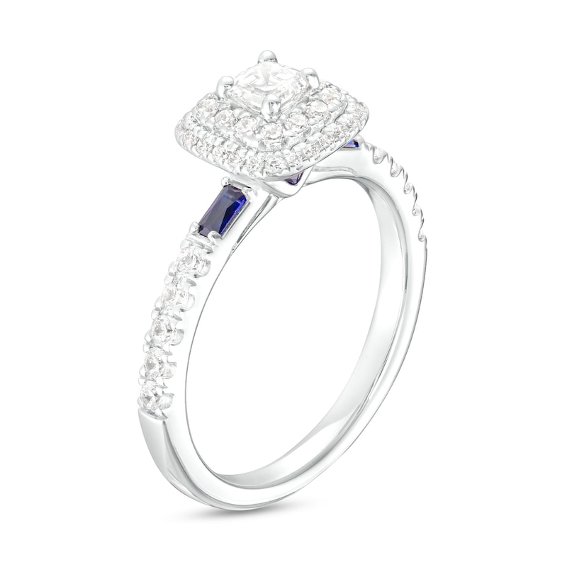 Main Image 3 of Vera Wang Love Collection 3/4 CT. T.W. Asscher-Cut Diamond and Blue Sapphire Frame Engagement Ring in 14K White Gold