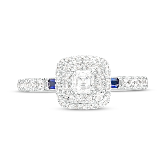 Vera Wang Love Collection 3/4 CT. T.w. Asscher-Cut Diamond and Blue Sapphire Frame Engagement Ring in 14K White Gold