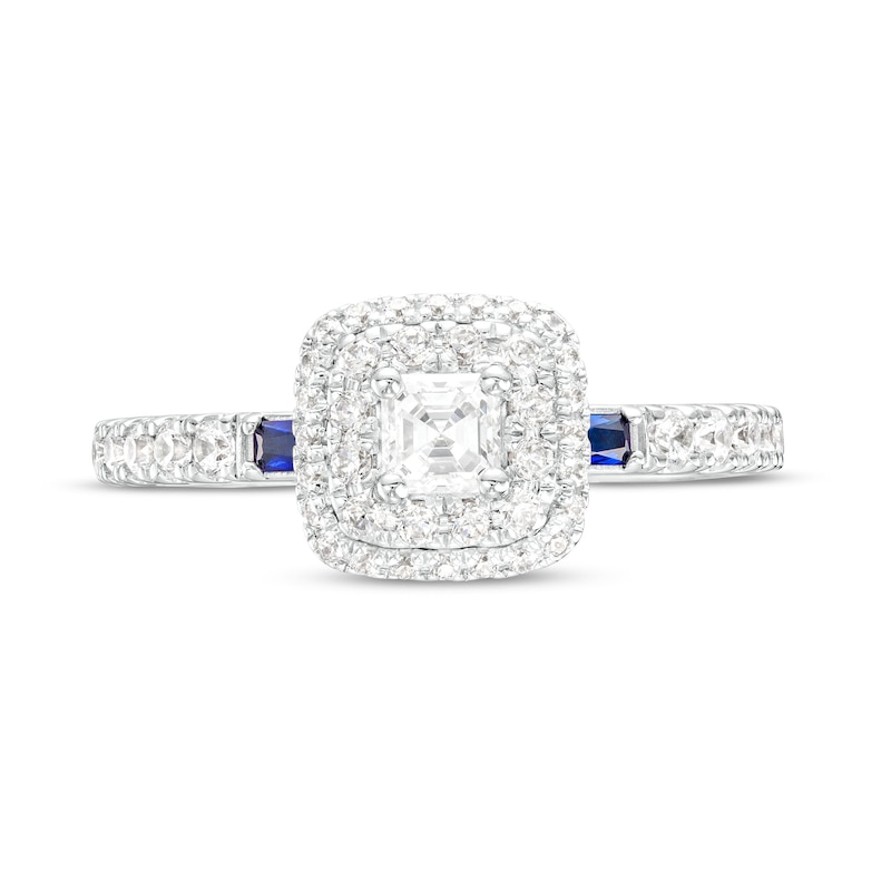 Main Image 4 of Vera Wang Love Collection 3/4 CT. T.W. Asscher-Cut Diamond and Blue Sapphire Frame Engagement Ring in 14K White Gold