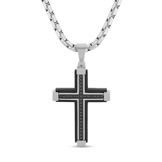 Men's 1/6 CT. T.w. Black Diamond Cross Pendant in Stainless Steel and Black Ion Plate - 24"