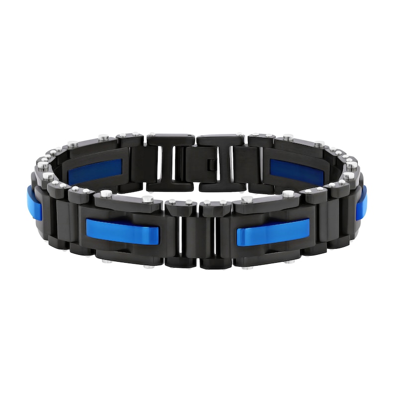 Main Image 1 of Men's 13.71mm Link Bracelet in Stainless Steel with Black and Blue Ion Plate - 8.5"