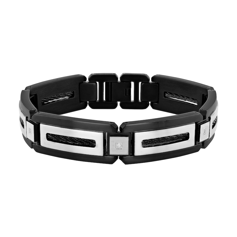 Main Image 1 of 1/20 CT. T.W. Diamond Rectangular Link Bracelet in Stainless Steel and Black Ion Plate - 8.75"