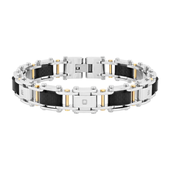 Carbon Fiber Bike Chain Link Bracelet in Stainless Steel and Yellow Ion Plate - 8.75"