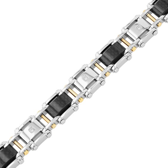 Carbon Fiber Bike Chain Link Bracelet in Stainless Steel and Yellow Ion Plate - 8.75"