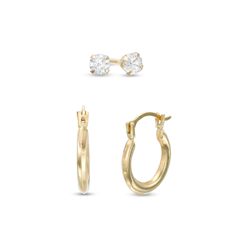 Child's Cubic Zirconia Solitaire Stud and Tube Hoop Earrings Set in 14K ...