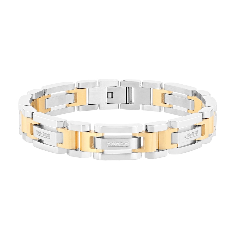 Main Image 1 of Men's 1/6 CT. T.W. Diamond Link Bracelet in Stainless Steel and Yellow Ion Plate - 8.5"