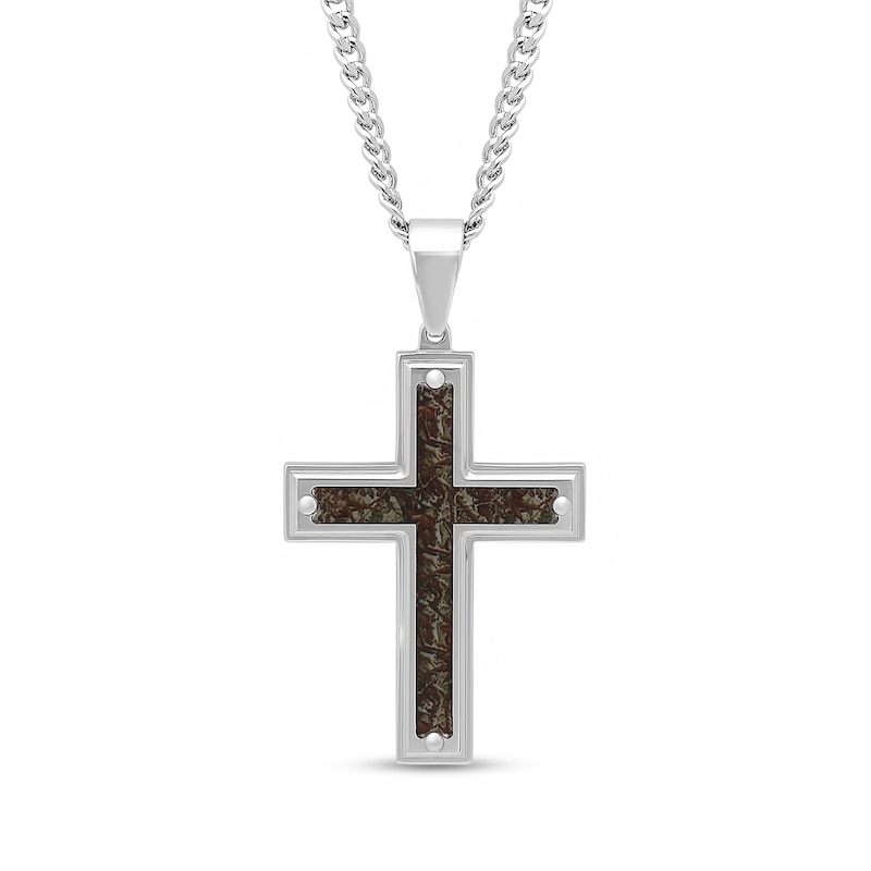 Men's Camouflage Carbon Fiber Inlay Cross Pendant in Stainless Steel - 24"