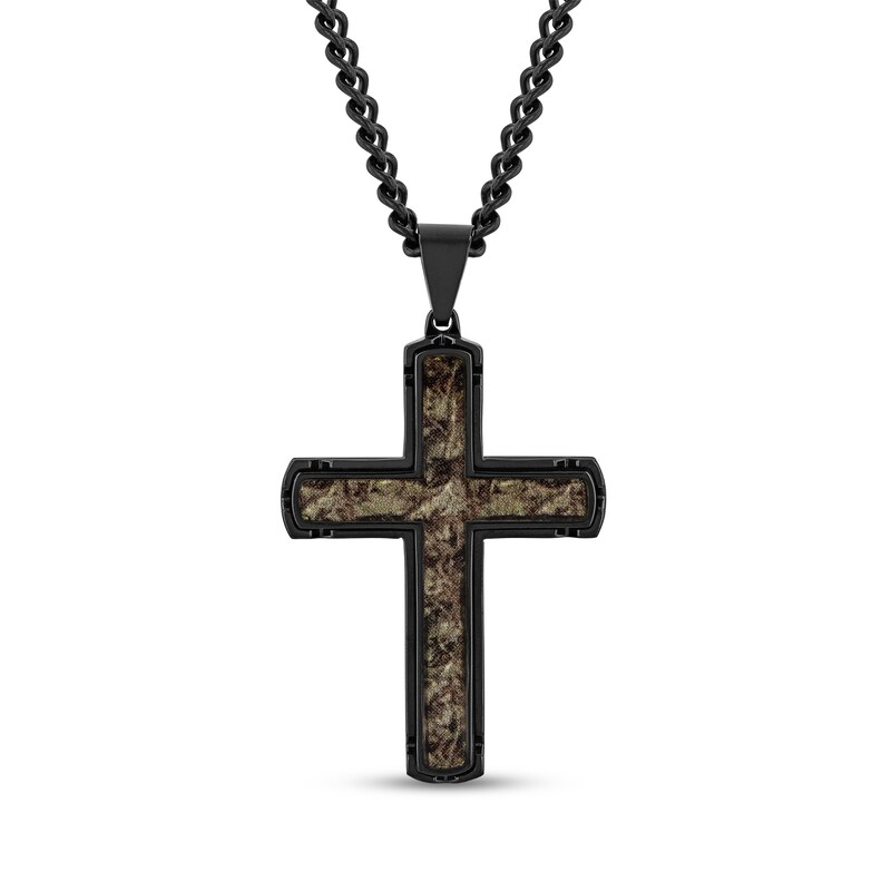 Men's Camouflage Carbon Fiber Cross Pendant in Stainless Steel with Black Ion Plate - 24"